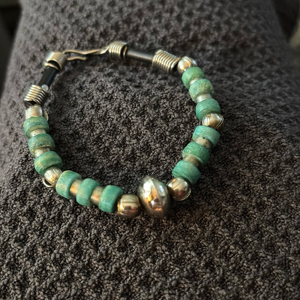 Silver and Turquoise Wood Accent Bracelet